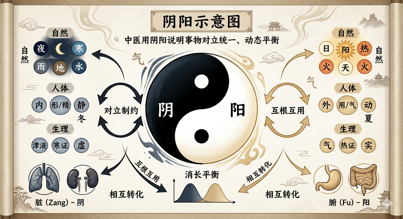 阴阳示意图:中医用阴阳说明事物对立统一、动态平衡